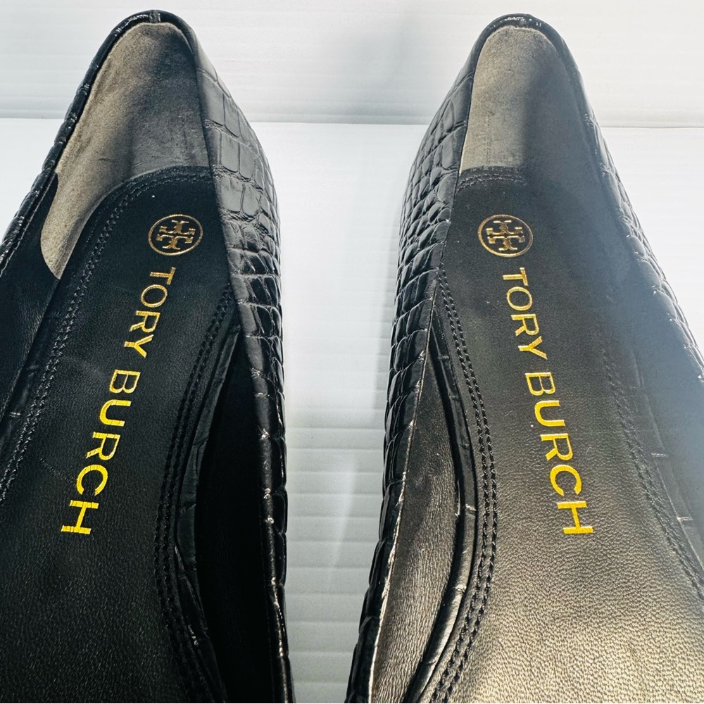 Tory Burch Georgia Black Snake Print Leather Square Toe Ballet Flats Size 9 1/2 - Picture 7 of 12